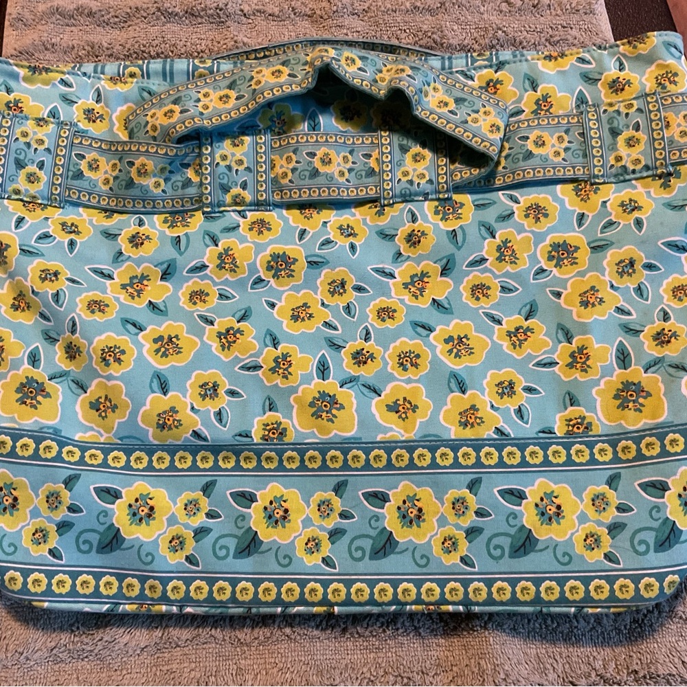 MaggiB Turquoise and Lime Green Floral Print Quilted Large Tote Bag